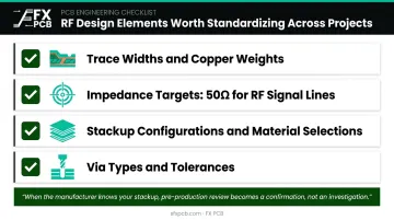 RF PCB design standardization checklist covering trace width stackup and via specifications