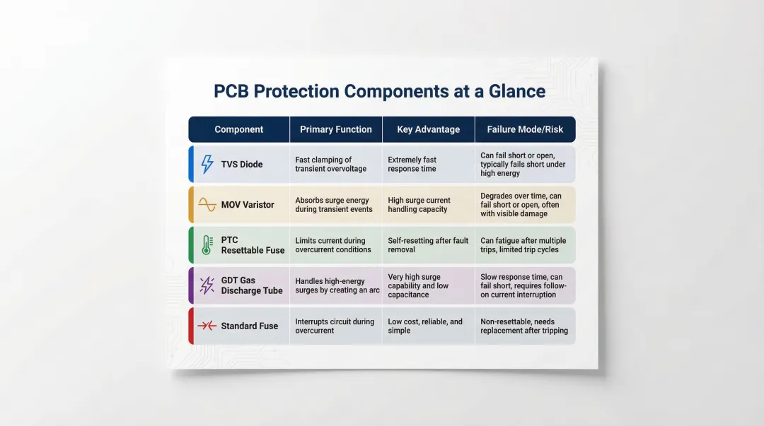 Five PCB protection component types comparison chart with functions and failure modes