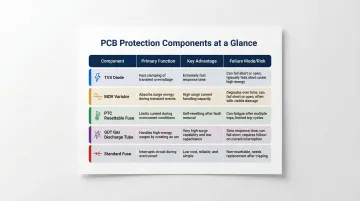 Five PCB protection component types comparison chart with functions and failure modes
