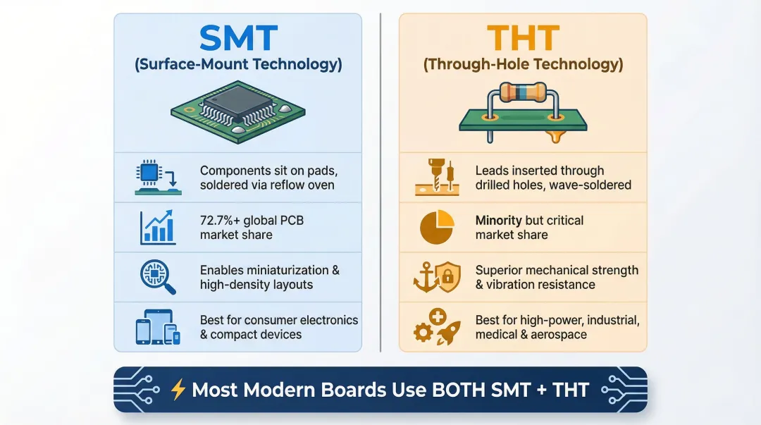 SMT versus THT PCB mounting technology comparison infographic with key differences