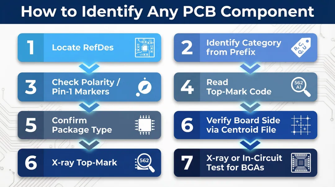 7-step PCB component identification checklist process flow infographic