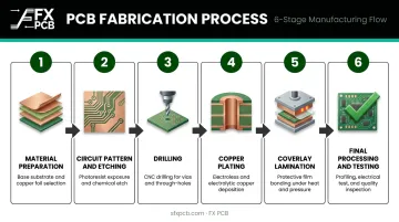 Six-step rigid-flex PCB fabrication process flow from material prep to electrical testing