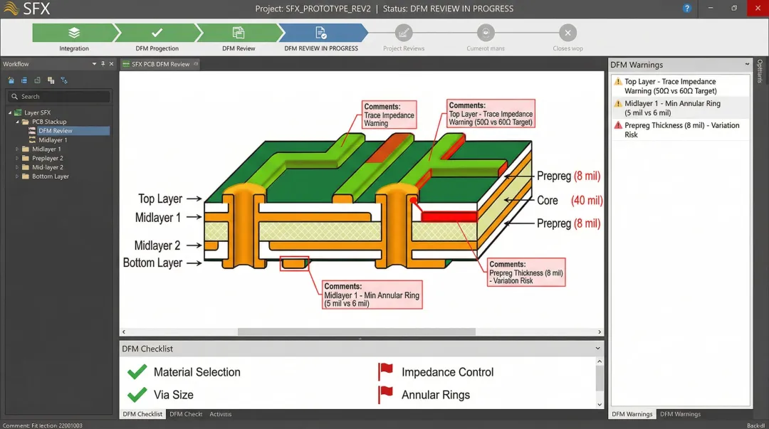 SFX PCB DFM review interface highlighting stack-up and impedance design flags