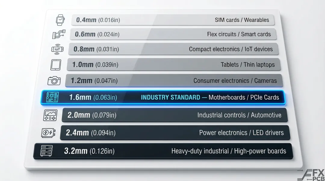 PCB thickness options comparison chart from 0.4mm to 3.2mm with applications