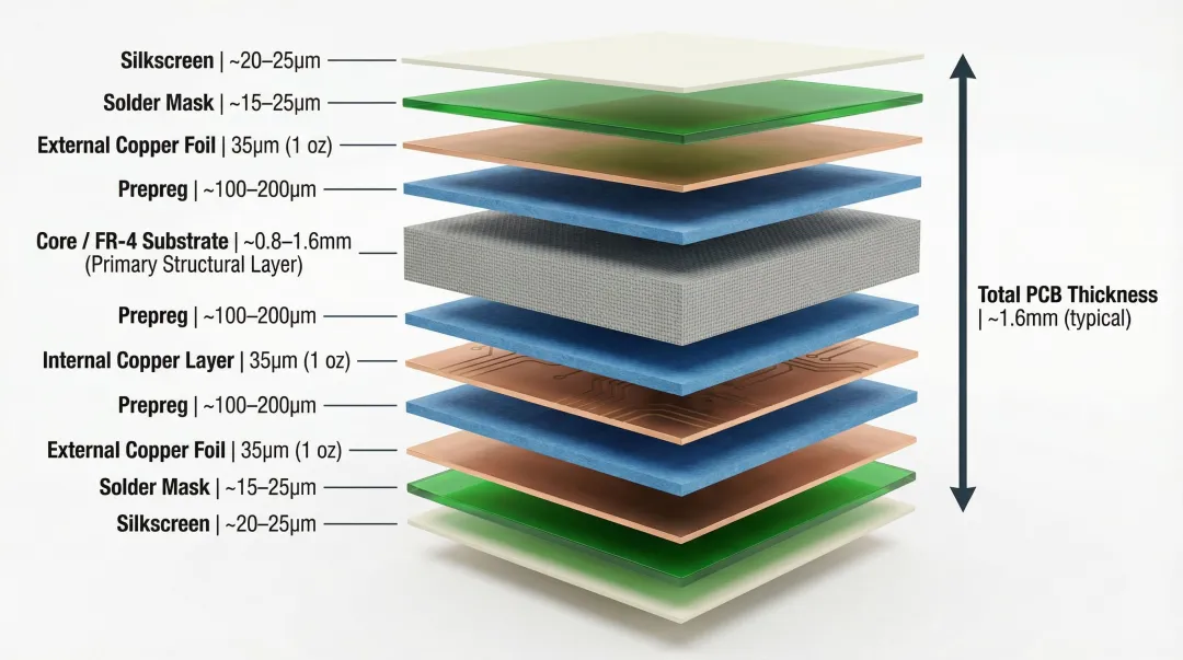 PCB layer stack cross-section showing substrate core prepreg copper solder mask layers