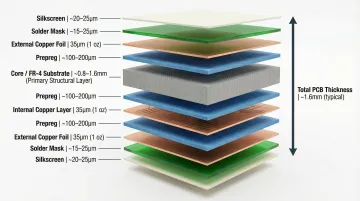 PCB layer stack cross-section showing substrate core prepreg copper solder mask layers