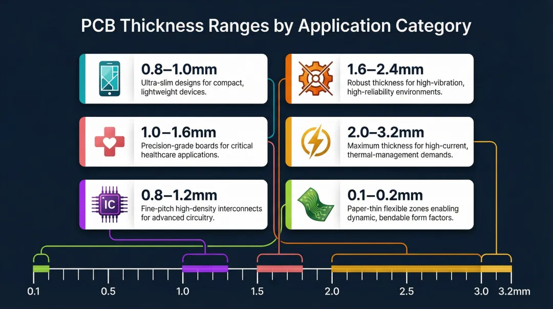 PCB thickness requirements by application type six-category comparison infographic