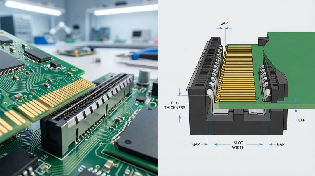 PCB card edge connector slot showing mating board thickness fit and contact alignment