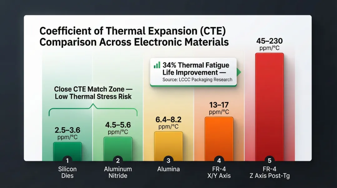 Ceramic PCB versus FR-4 CTE mismatch thermal expansion coefficient comparison silicon compatibility