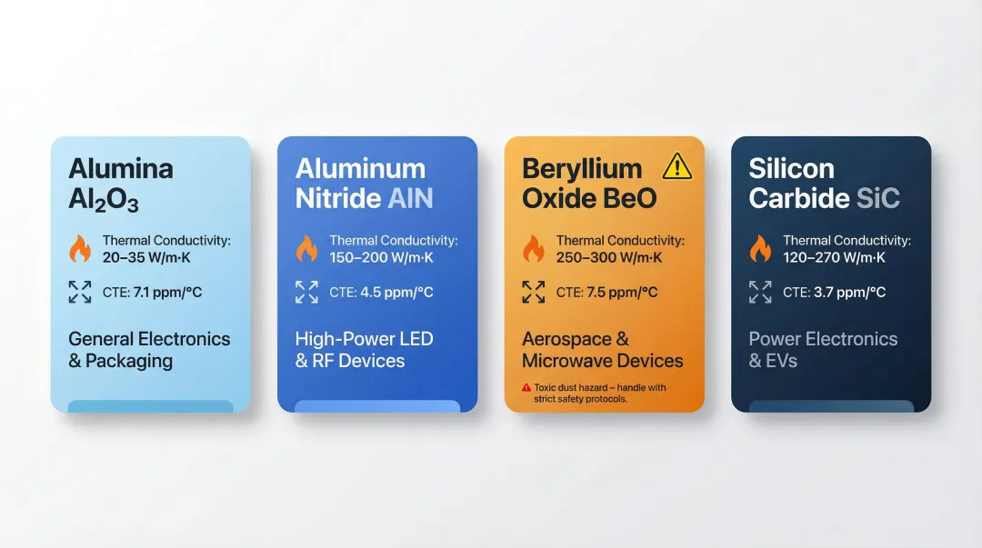 Four ceramic PCB substrate materials thermal conductivity and CTE comparison chart