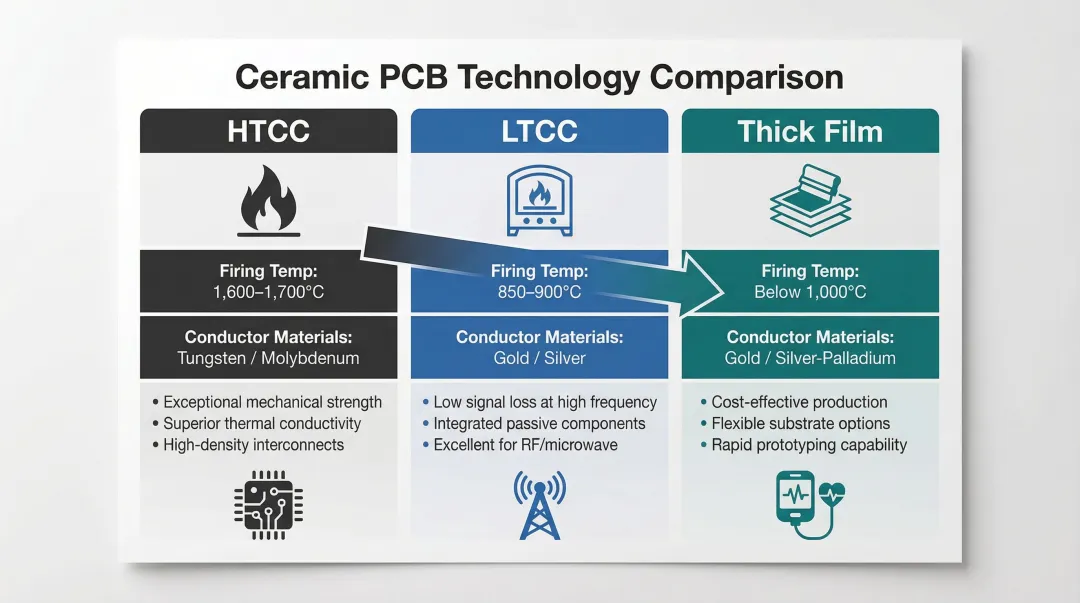Three ceramic PCB types HTCC LTCC and thick film comparison process and firing temperature
