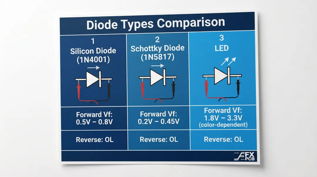 Diode type forward voltage drop comparison chart silicon Schottky and LED expected readings