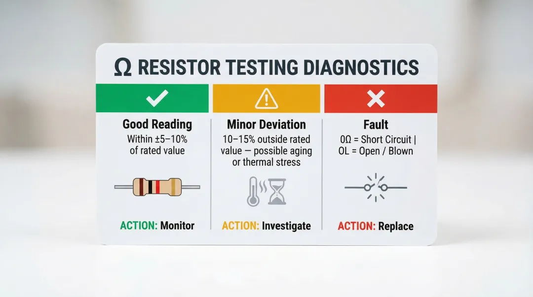 Resistor multimeter reading interpretation guide showing good shorted and open fault conditions