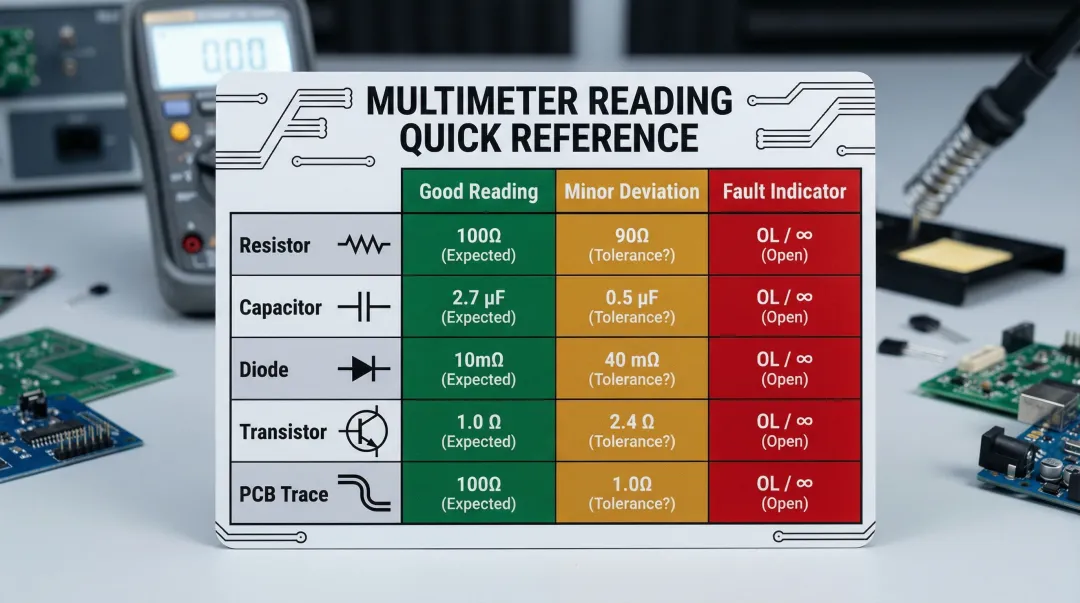 PCB component multimeter reading reference chart for resistors capacitors diodes transistors and traces