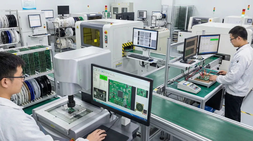 PCB assembly quality inspection showing AOI X-ray and functional testing equipment in production