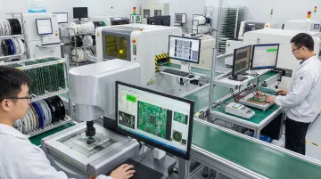PCB assembly quality inspection showing AOI X-ray and functional testing equipment in production