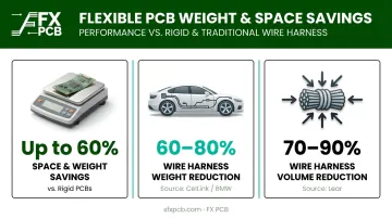 Flexible PCB weight and volume reduction statistics versus rigid and harness assemblies