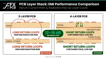 2-layer versus 4-layer PCB EMI reduction ground plane comparison infographic