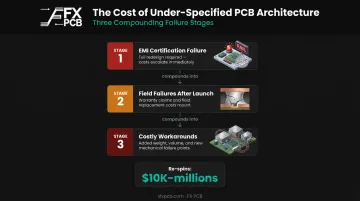 Three-stage PCB architecture failure sequence from EMI to field failures to costly workarounds