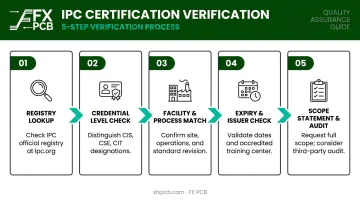 5-step PCB manufacturer certification verification process from registry lookup to audit