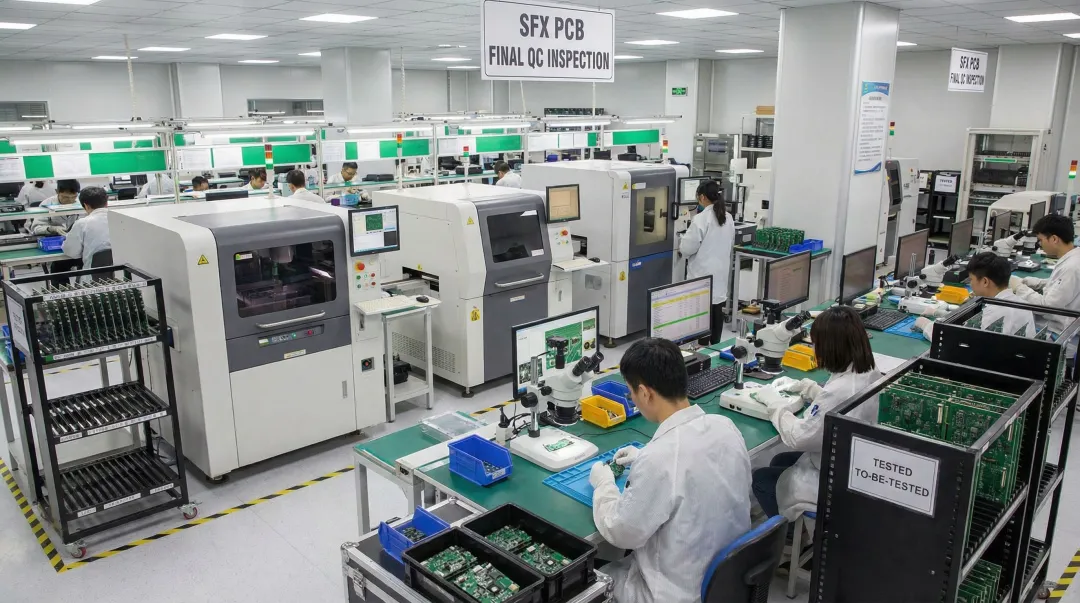 SFX PCB final quality control inspection station with assembled boards and testing equipment