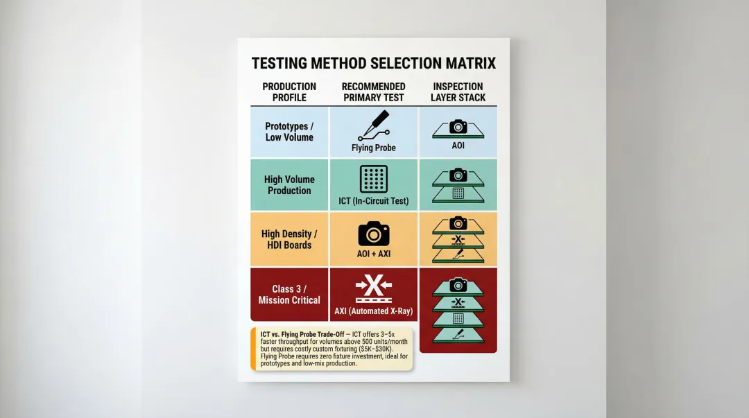 PCB testing method selection matrix by production volume and application criticality