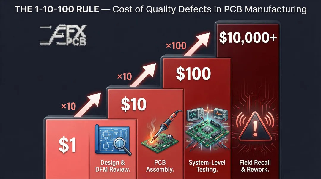 1-10-100 rule PCB defect cost escalation across four production stages