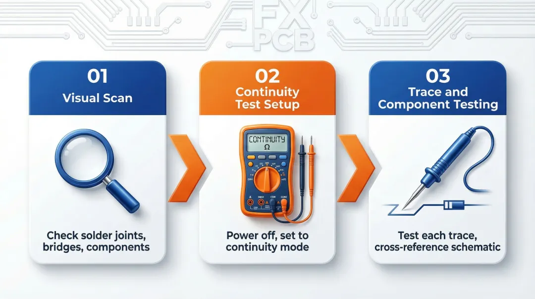 3-step PCB visual inspection and multimeter continuity testing process flow