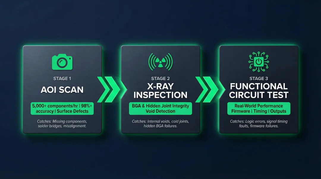 AOI X-ray and functional circuit testing three-stage automated PCB inspection pipeline
