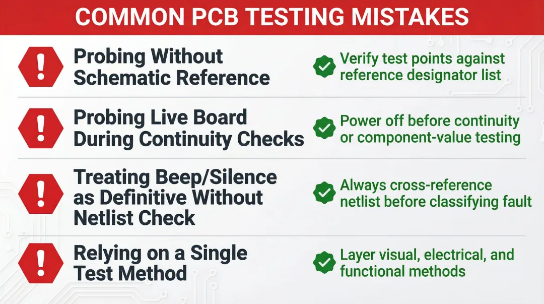 Four common PCB testing mistakes and recommended corrective actions comparison chart