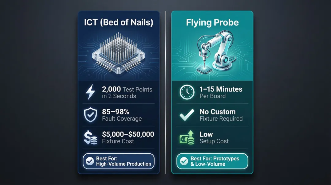 ICT versus flying probe testing comparison showing speed cost and fault coverage differences