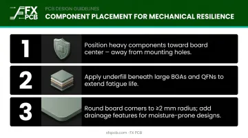 Three PCB component placement rules for mechanical resilience in vibration environments infographic