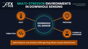 Multi-stressor PCB failure profile showing four simultaneous harsh environment threats