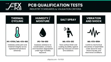 PCB harsh environment qualification testing standards four-test comparison table infographic