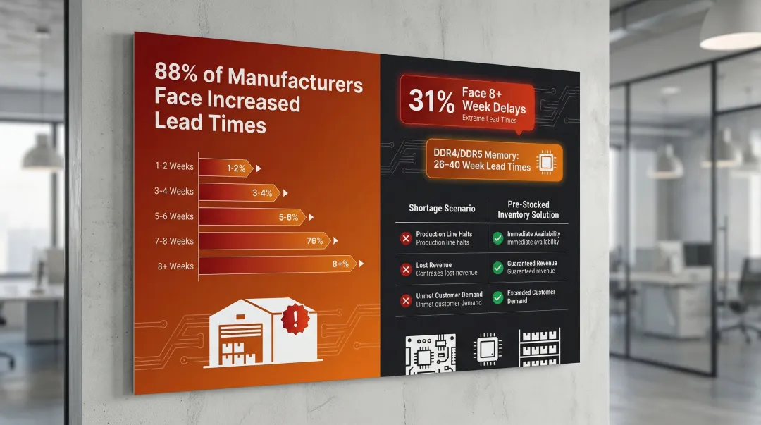 PCB component shortage impact statistics infographic with lead time delay data