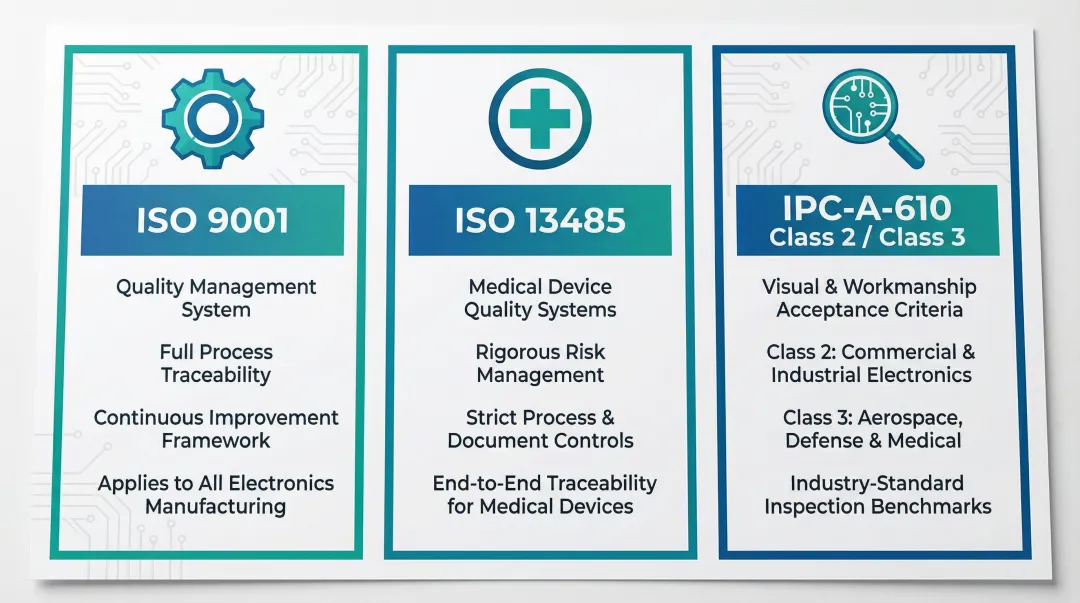 ISO9001 ISO13485 and IPC-A-610 PCB assembly certification comparison breakdown infographic