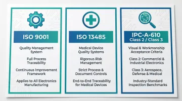 ISO9001 ISO13485 and IPC-A-610 PCB assembly certification comparison breakdown infographic