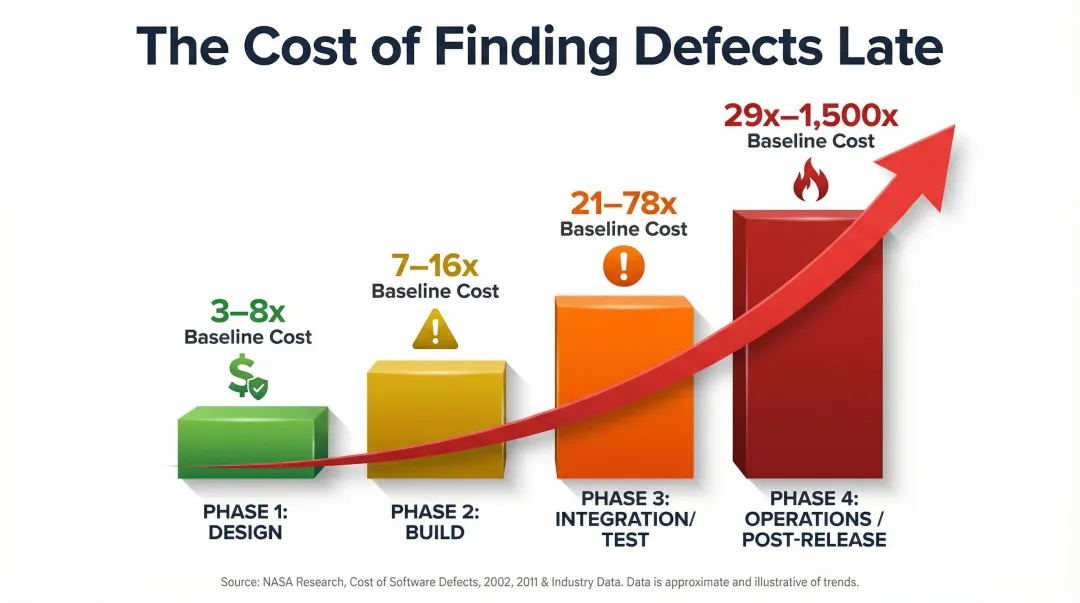 defect cost escalation curve from design phase to post-release operations infographic