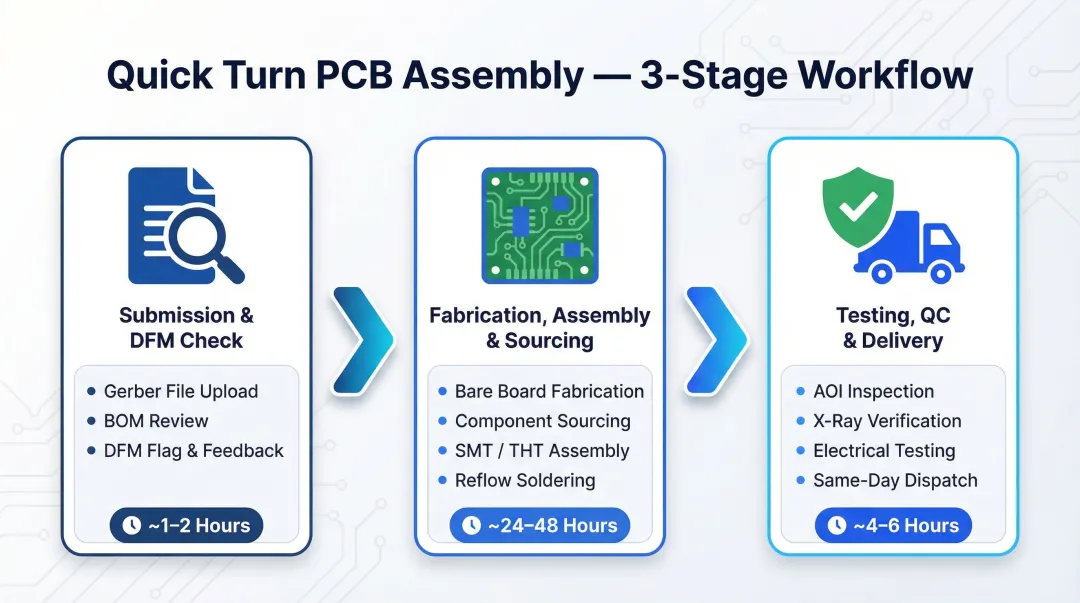 quick turn PCB assembly process flow from file submission to delivery infographic