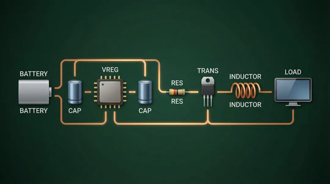 Smartphone power circuit diagram showing PCB components working together in sequence