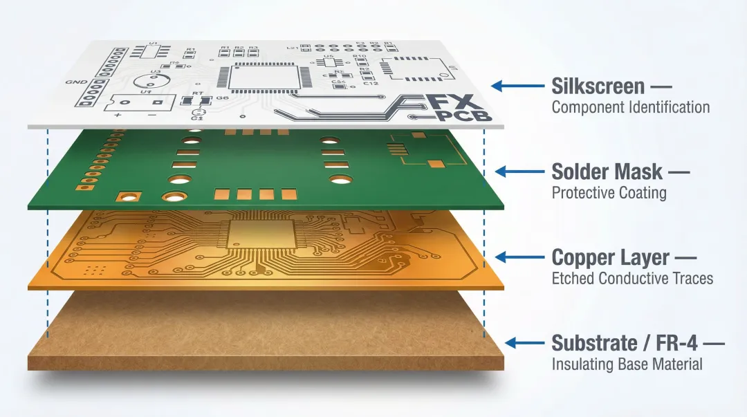 Four structural layers of a PCB substrate copper solder mask silkscreen diagram