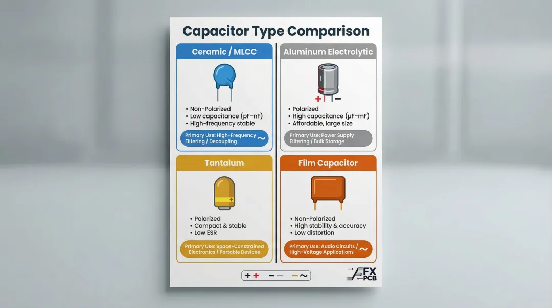 Four capacitor types comparison chart ceramic electrolytic tantalum film characteristics