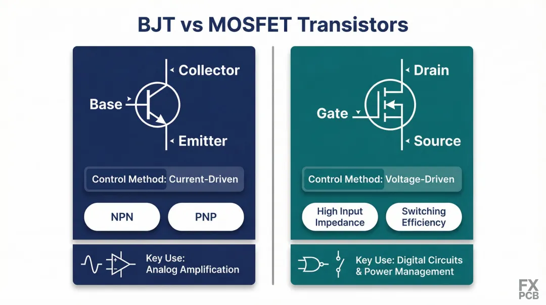 BJT versus MOSFET transistor comparison showing terminals control method and applications