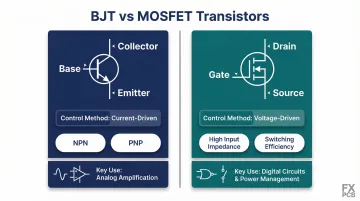 BJT versus MOSFET transistor comparison showing terminals control method and applications