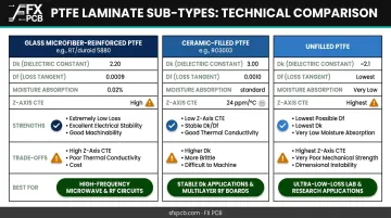 PTFE RF laminate sub-types comparison chart Dk Df CTE and fabrication trade-offs