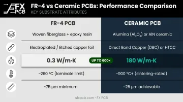FR-4 versus ceramic PCB attribute comparison infographic thermal conductivity process temperature