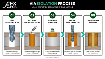 5-step MCPCB via isolation process sequence from oversized drill to copper plating