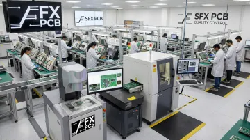 SFX PCB multi-stage inspection line showing AOI X-ray and functional circuit testing equipment