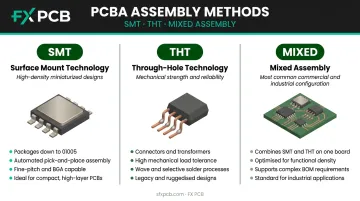 SMT versus through-hole versus mixed PCBA assembly methods comparison infographic
