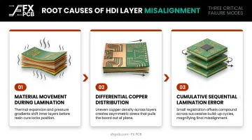Three root causes of HDI PCB layer misalignment process infographic